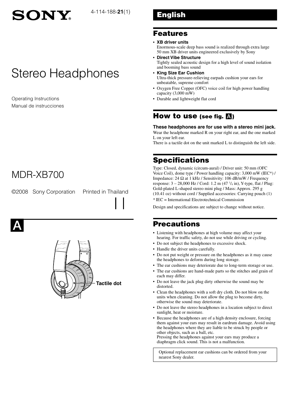 Sony MDR-XB700 User Manual | 2 pages