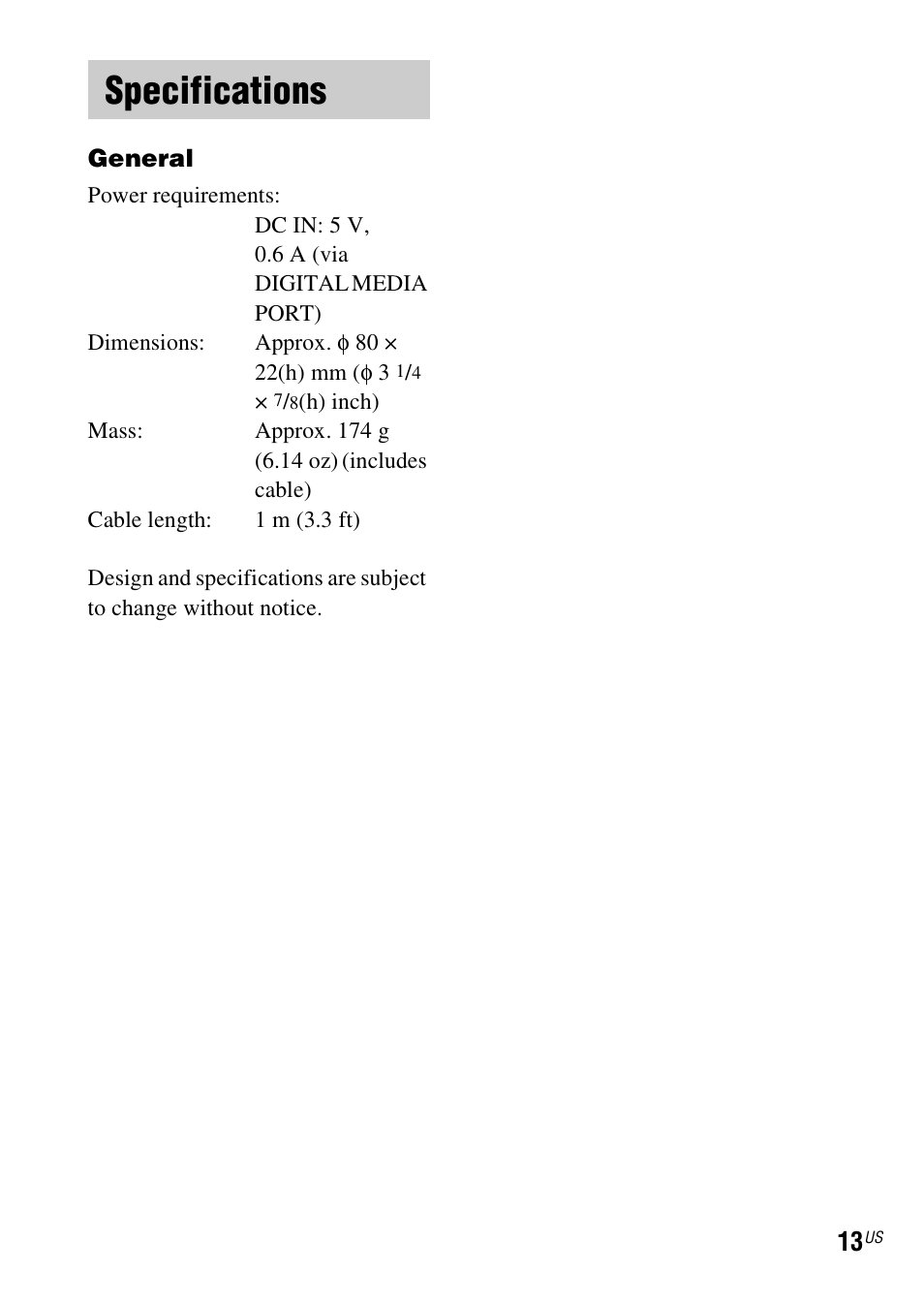 Specifications | Sony TDM-iP10 User Manual | Page 13 / 40