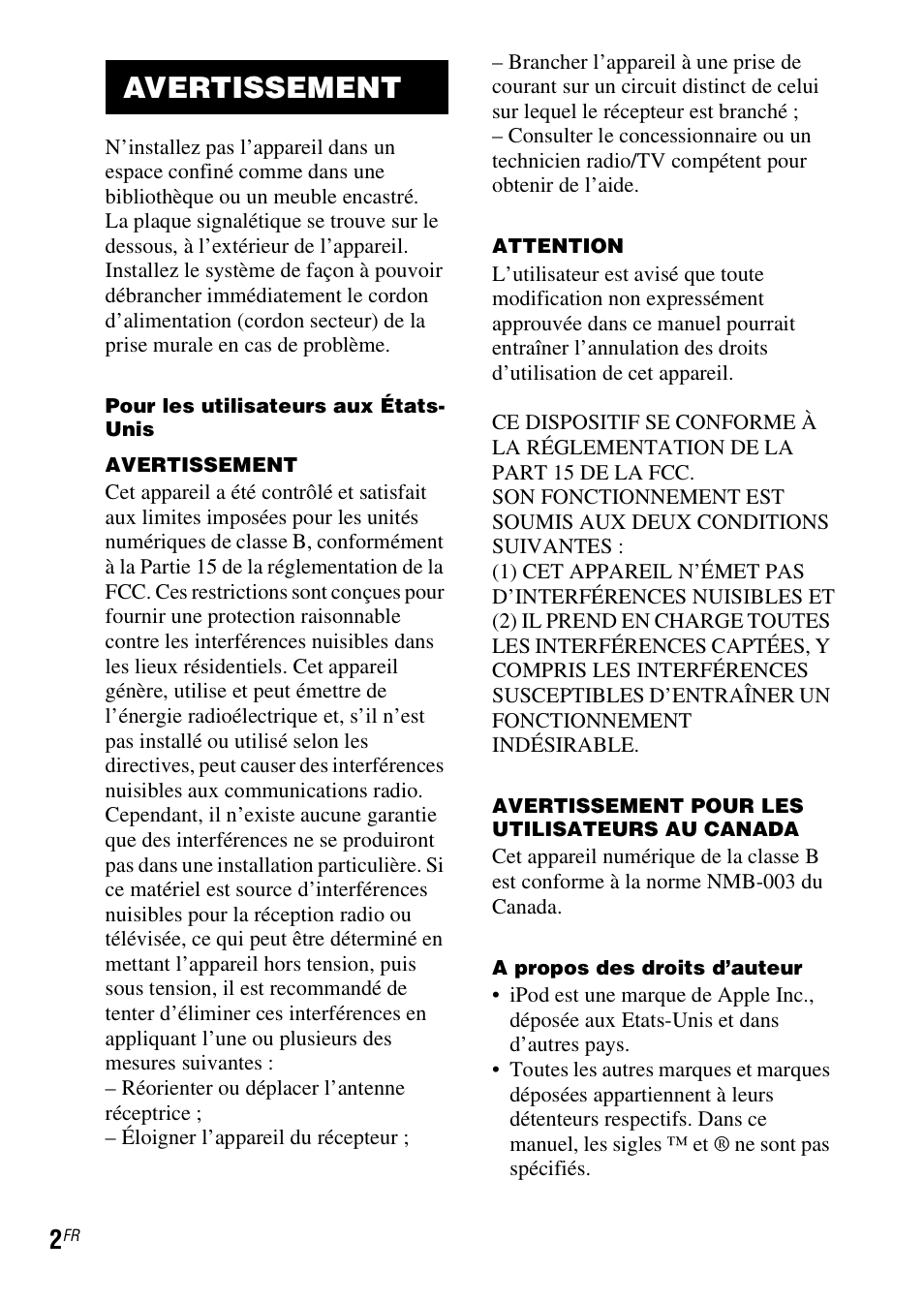 Avertissement | Sony TDM-iP10 User Manual | Page 14 / 40