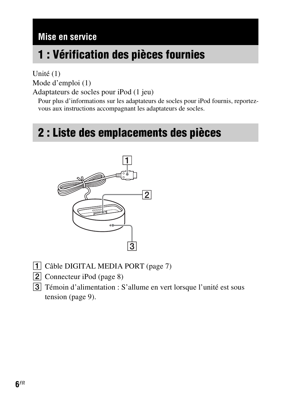 Mise en service, 1 : vérification des pièces fournies, 2 : liste des emplacements des pièces | 1 : vérification des pièces, Fournies, 2 : liste des emplacements des, Pièces | Sony TDM-iP10 User Manual | Page 18 / 40