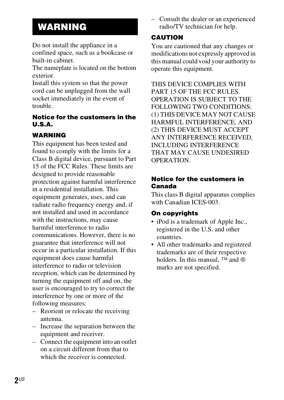 Warning | Sony TDM-iP10 User Manual | Page 2 / 40