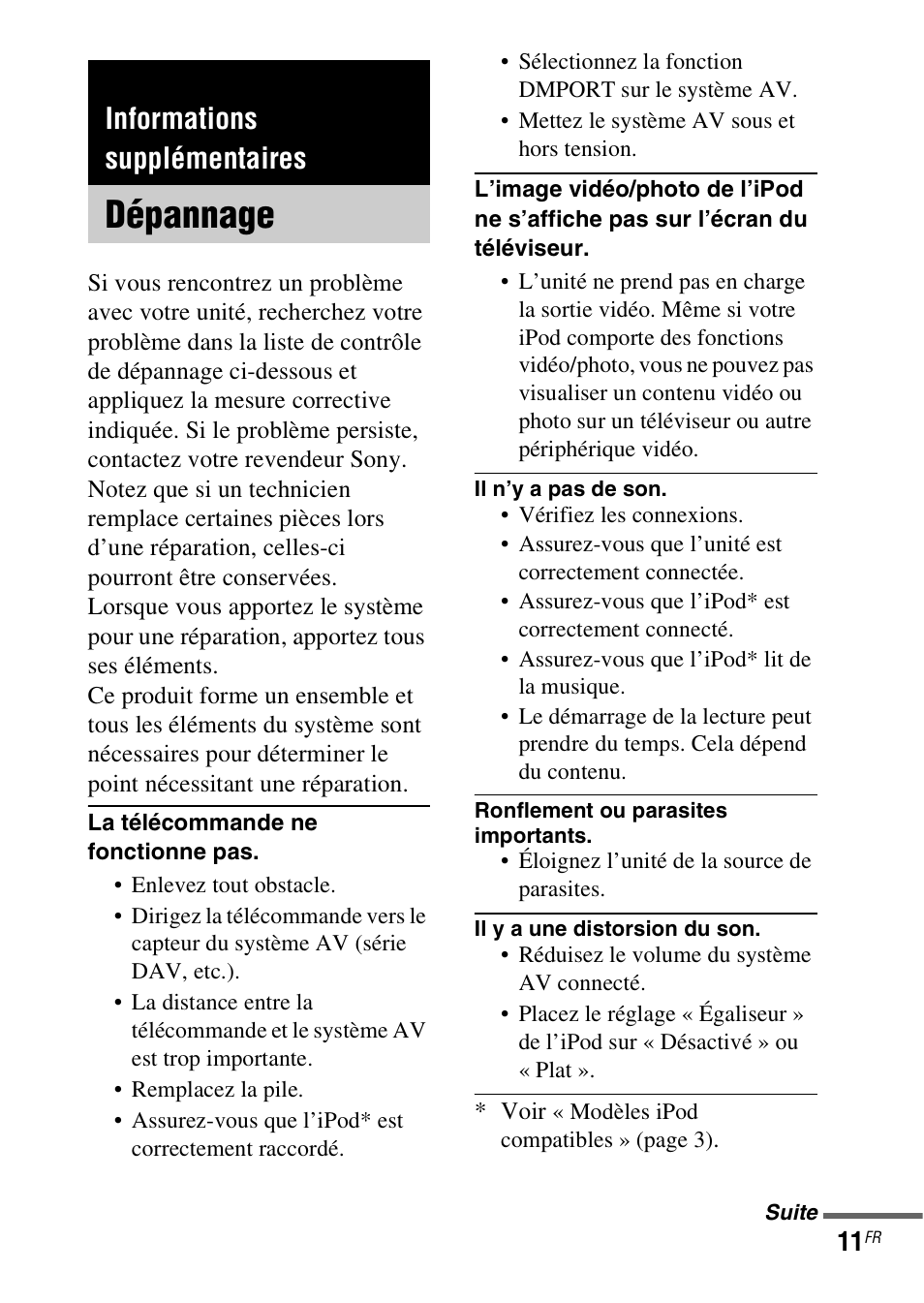Informations supplémentaires, Dépannage | Sony TDM-iP10 User Manual | Page 23 / 40