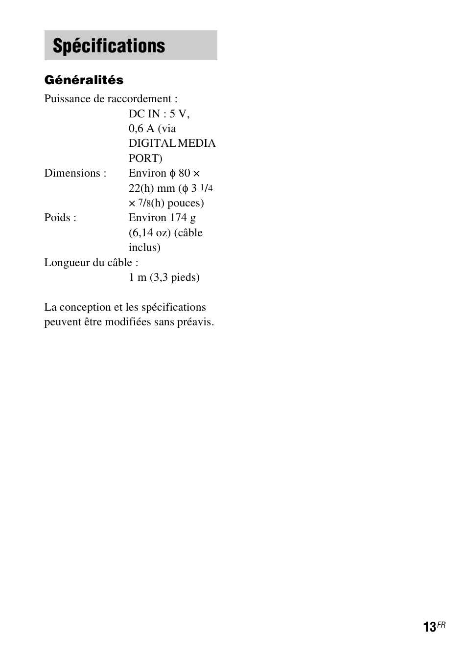 Spécifications | Sony TDM-iP10 User Manual | Page 25 / 40
