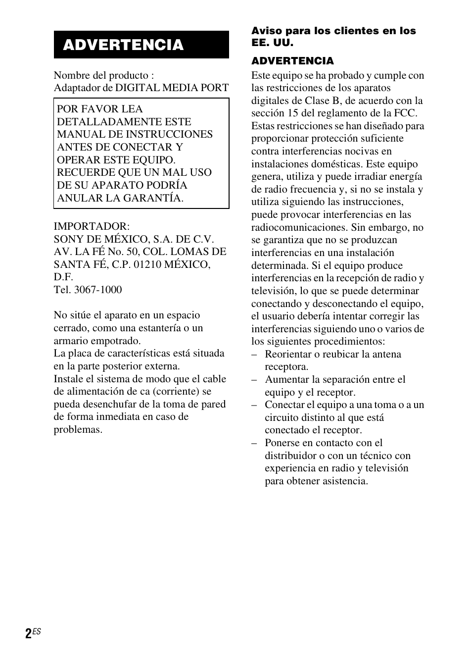 Advertencia | Sony TDM-iP10 User Manual | Page 26 / 40