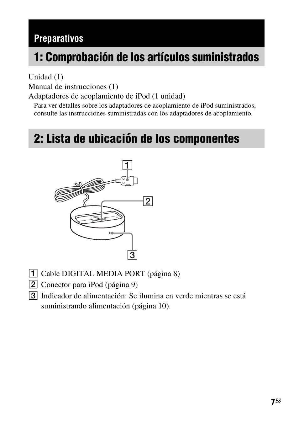Preparativos, Comprobación de los artículos suministrados, Lista de ubicación de los componentes | Comprobación de los, Artículos suministrados, Lista de ubicación de los, Componentes | Sony TDM-iP10 User Manual | Page 31 / 40