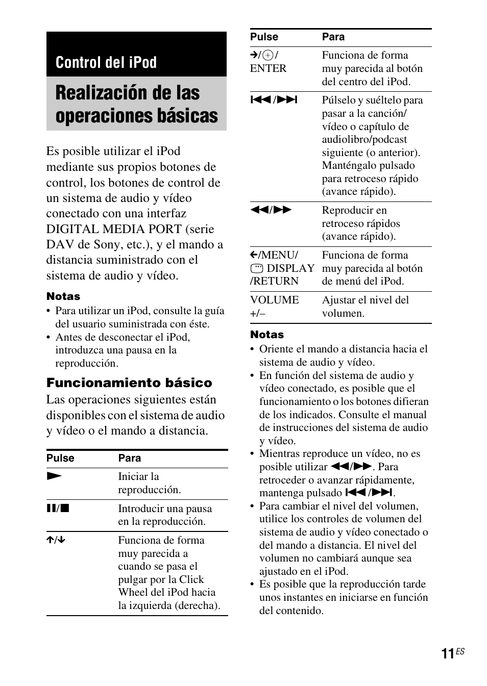 Control del ipod, Realización de las operaciones básicas, Realización de las operaciones | Básicas | Sony TDM-iP10 User Manual | Page 35 / 40