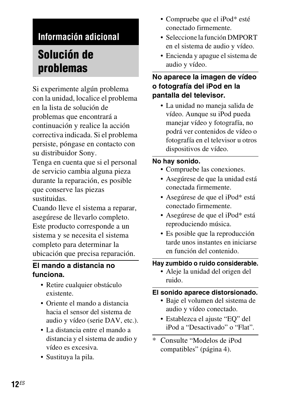 Información adicional, Solución de problemas | Sony TDM-iP10 User Manual | Page 36 / 40