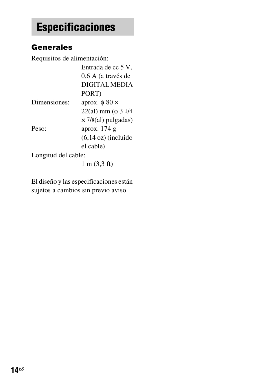 Especificaciones | Sony TDM-iP10 User Manual | Page 38 / 40