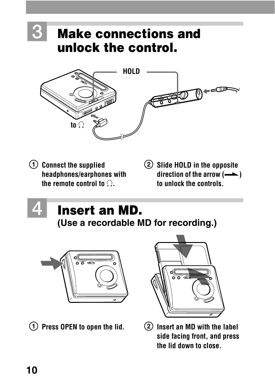 Make connections and unlock the control, Insert an md | Sony MZ-R701 User Manual | Page 10 / 68