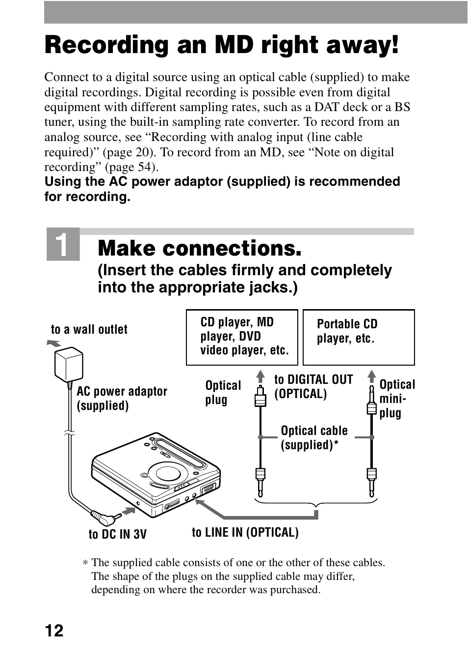 Recording an md right away, Make connections | Sony MZ-R701 User Manual | Page 12 / 68