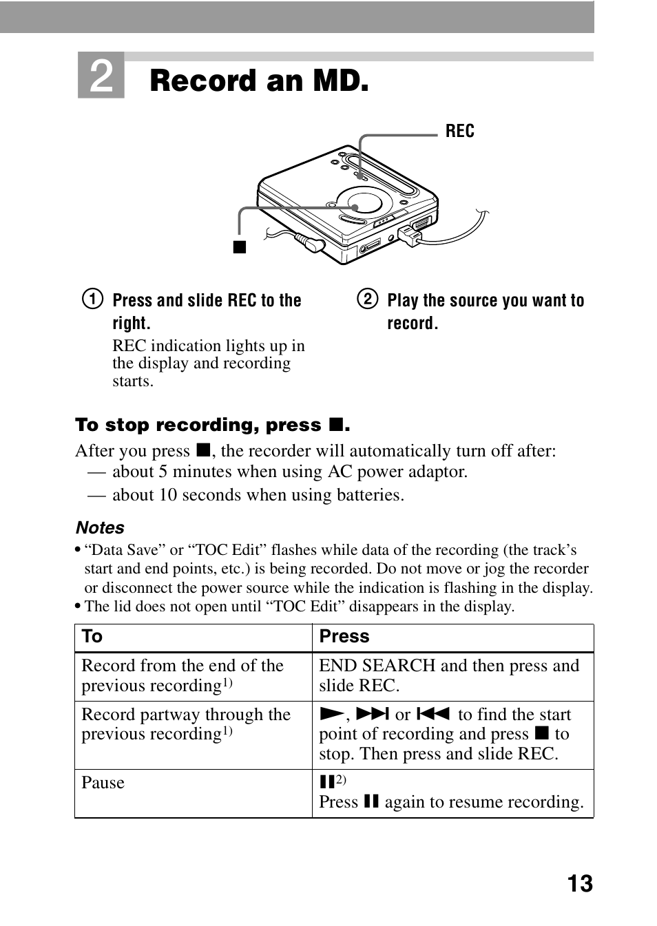 H (13), On (13), Record an md | Sony MZ-R701 User Manual | Page 13 / 68