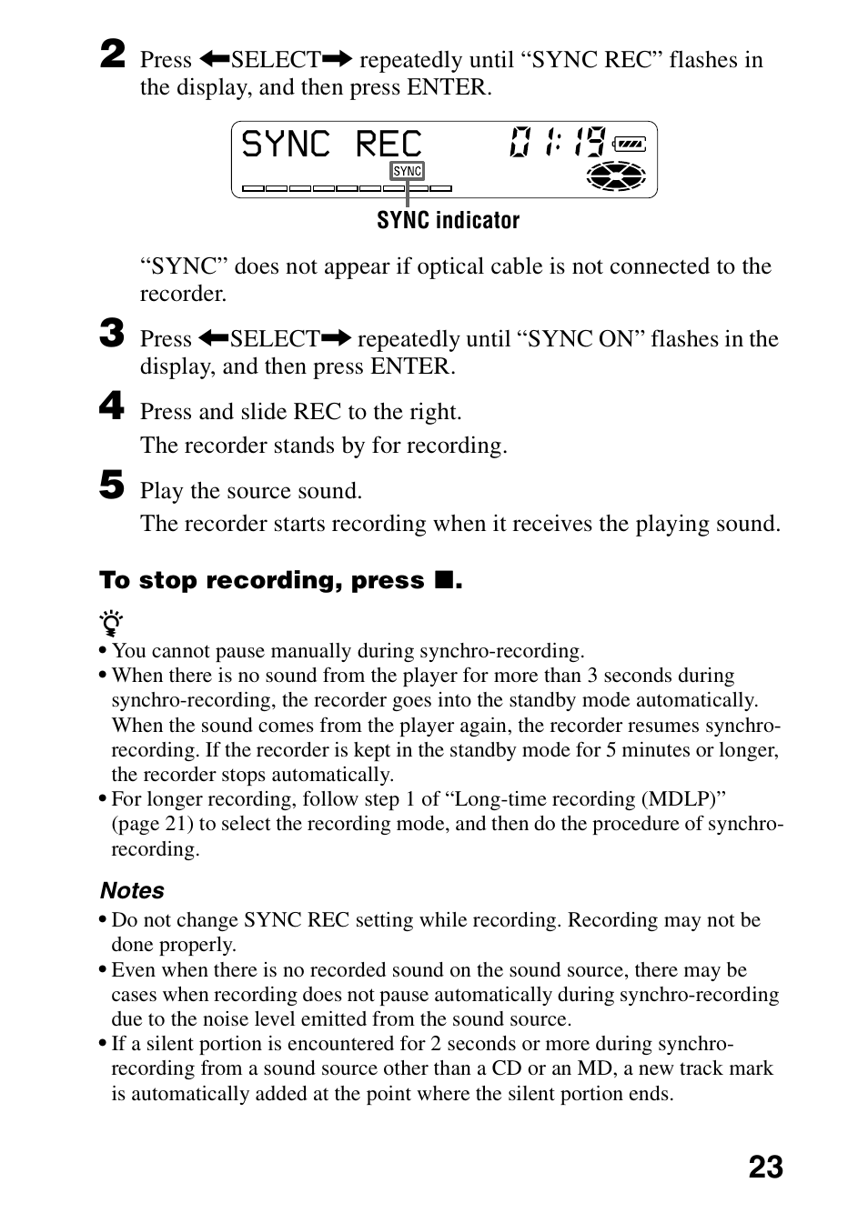 Sync rec | Sony MZ-R701 User Manual | Page 23 / 68