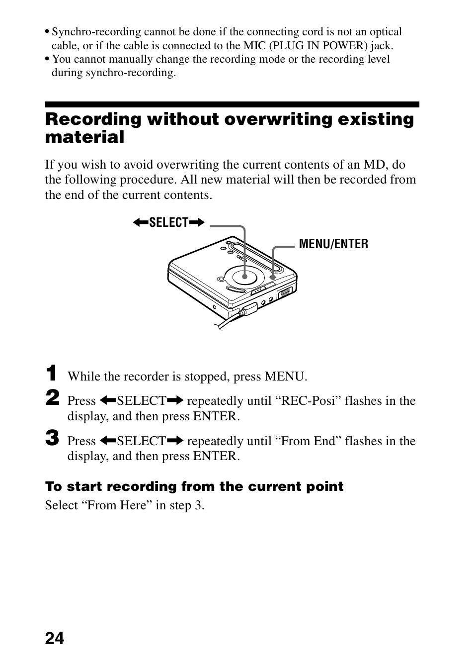 Recording without overwriting existing material | Sony MZ-R701 User Manual | Page 24 / 68