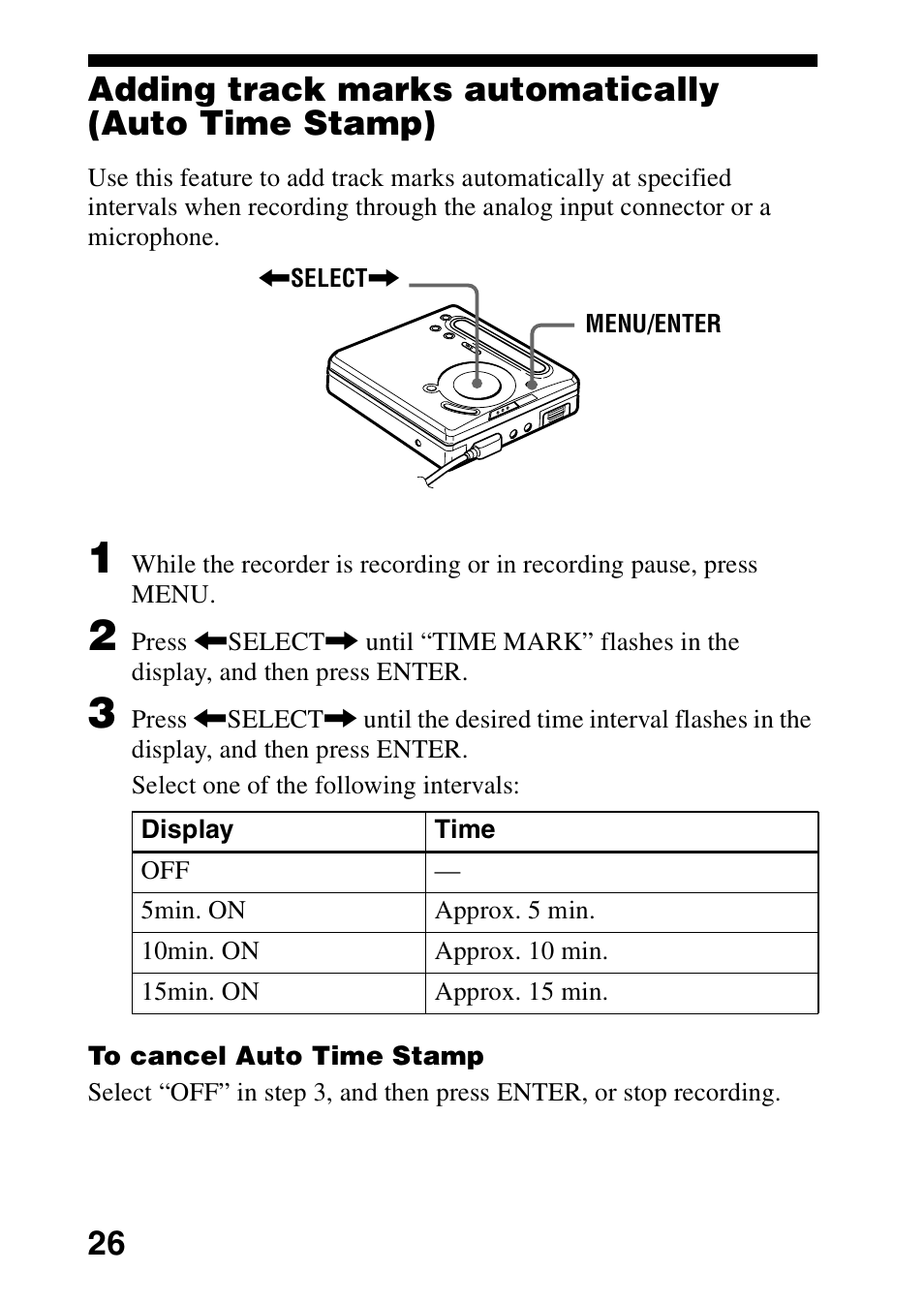 Adding track marks automatically (auto time stamp) | Sony MZ-R701 User Manual | Page 26 / 68