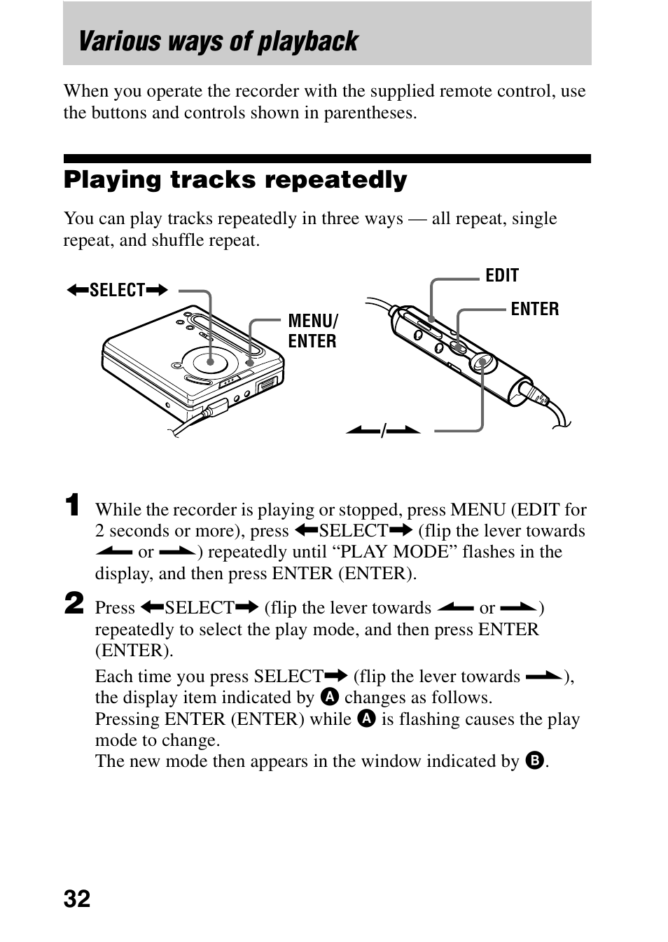 Various ways of playback, Playing tracks repeatedly | Sony MZ-R701 User Manual | Page 32 / 68