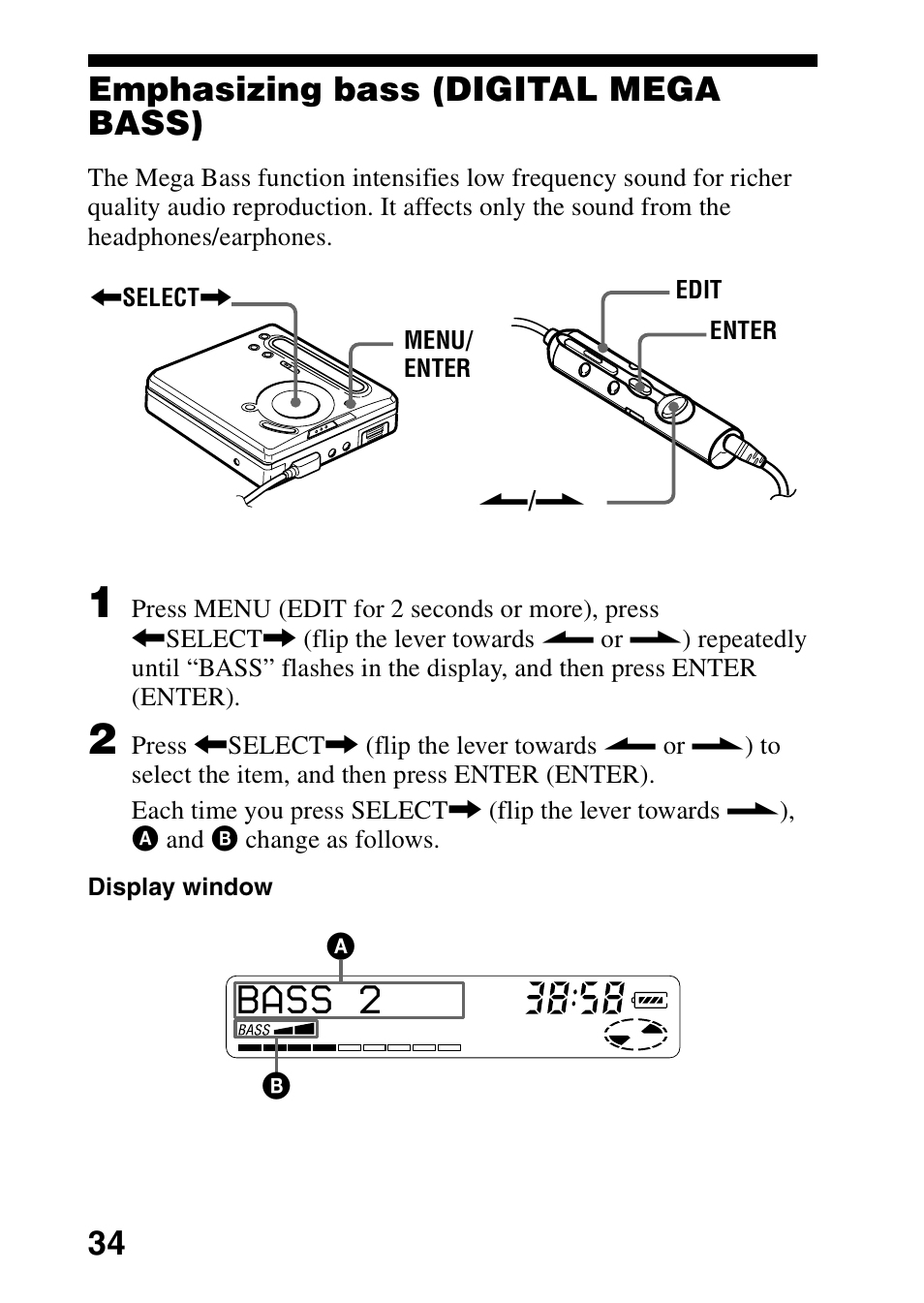 Emphasizing bass (digital mega bass), Bass 2, 34 emphasizing bass (digital mega bass) | Sony MZ-R701 User Manual | Page 34 / 68