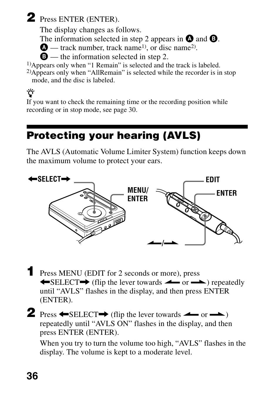Protecting your hearing (avls) | Sony MZ-R701 User Manual | Page 36 / 68