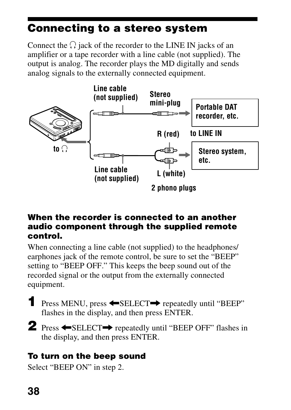 Connecting to a stereo system, 38 connecting to a stereo system | Sony MZ-R701 User Manual | Page 38 / 68