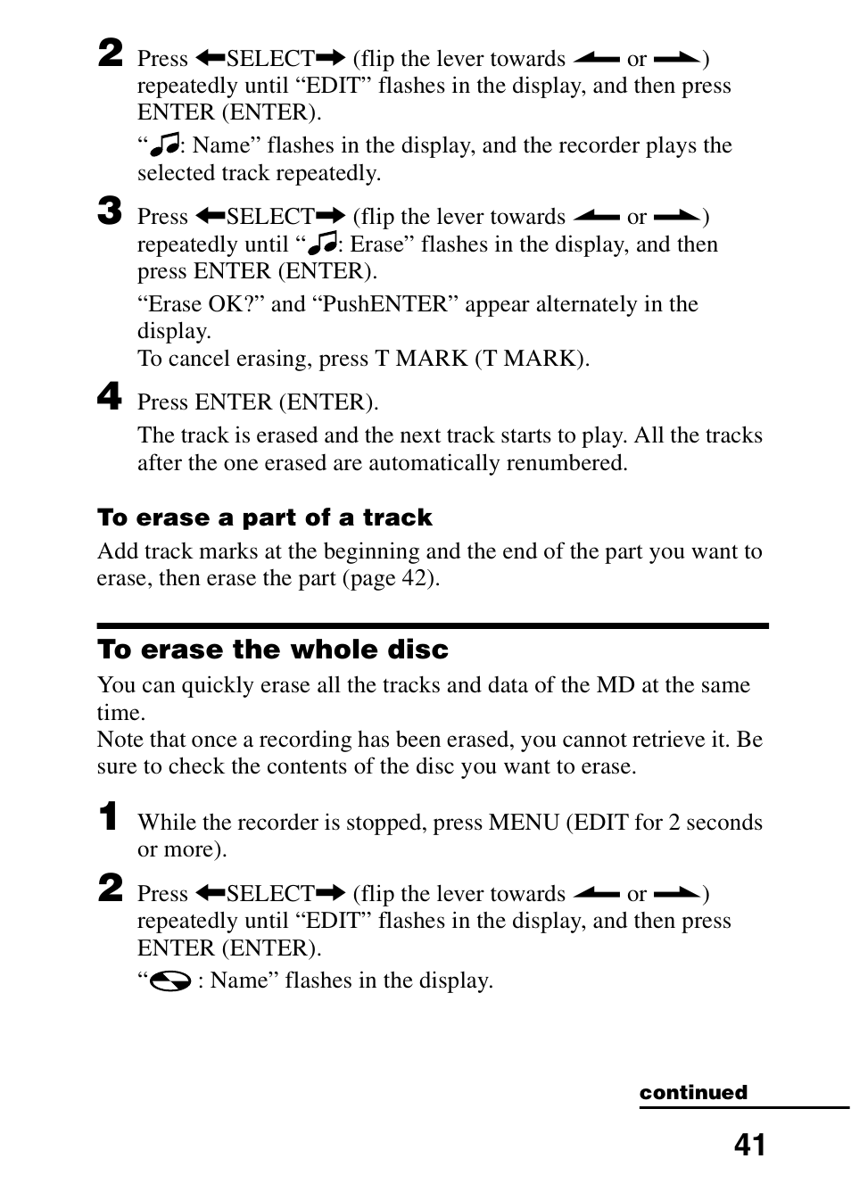 To erase the whole disc, On (41) (4 | Sony MZ-R701 User Manual | Page 41 / 68