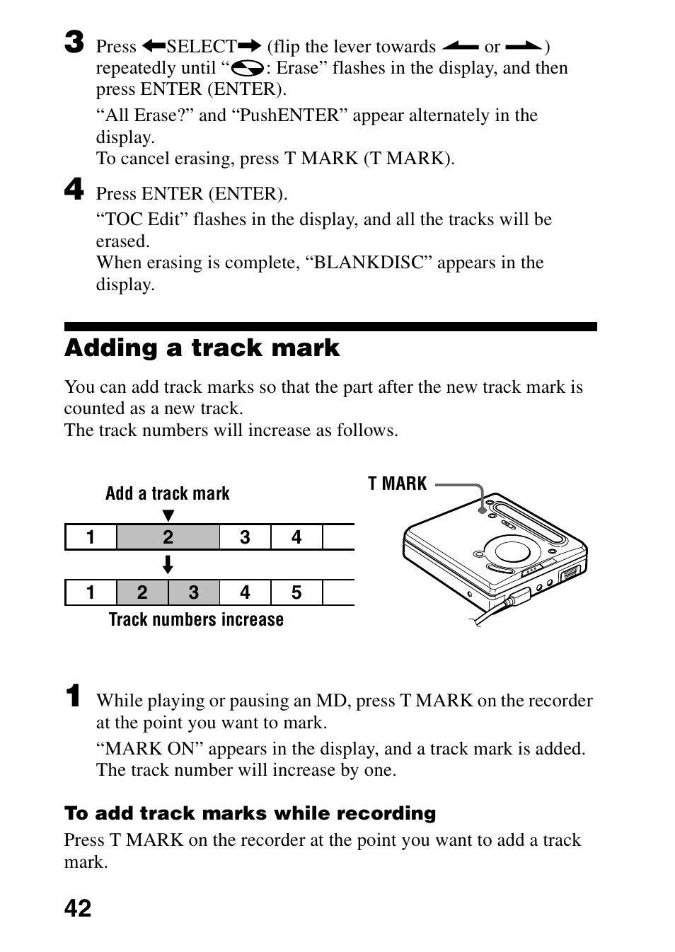 Adding a track mark | Sony MZ-R701 User Manual | Page 42 / 68