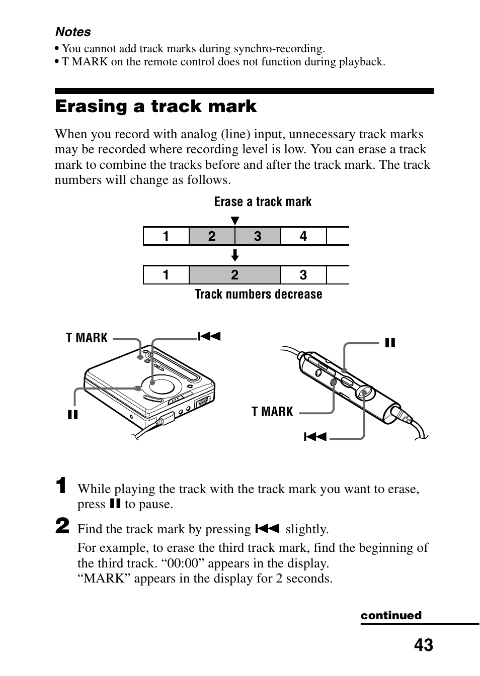 Erasing a track mark | Sony MZ-R701 User Manual | Page 43 / 68