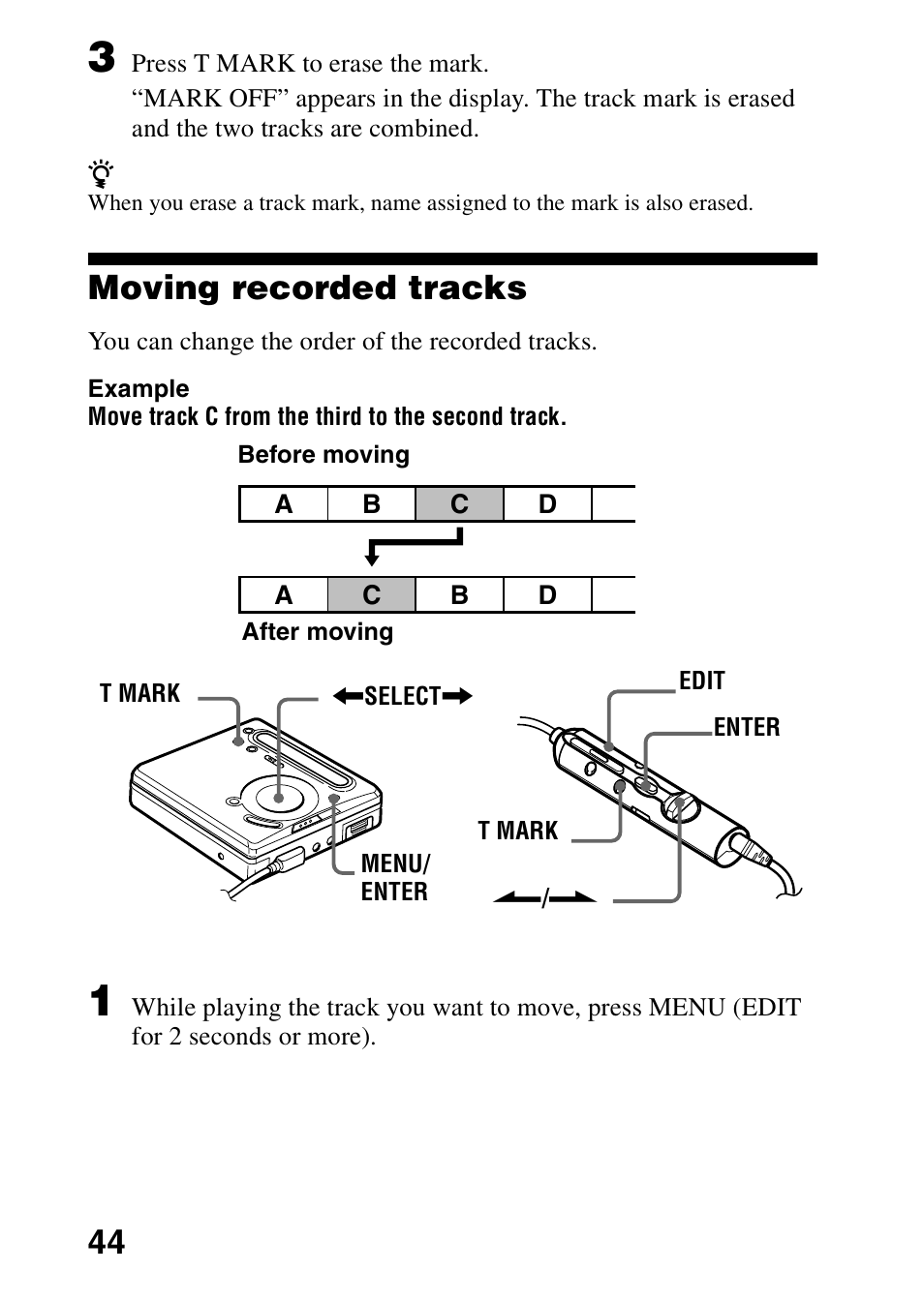 Moving recorded tracks | Sony MZ-R701 User Manual | Page 44 / 68