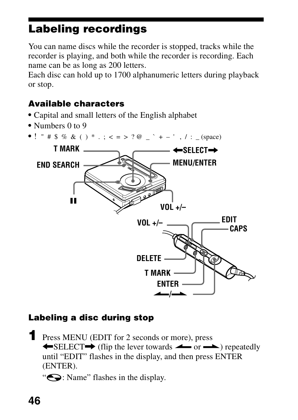 Labeling recordings, 46 labeling recordings | Sony MZ-R701 User Manual | Page 46 / 68