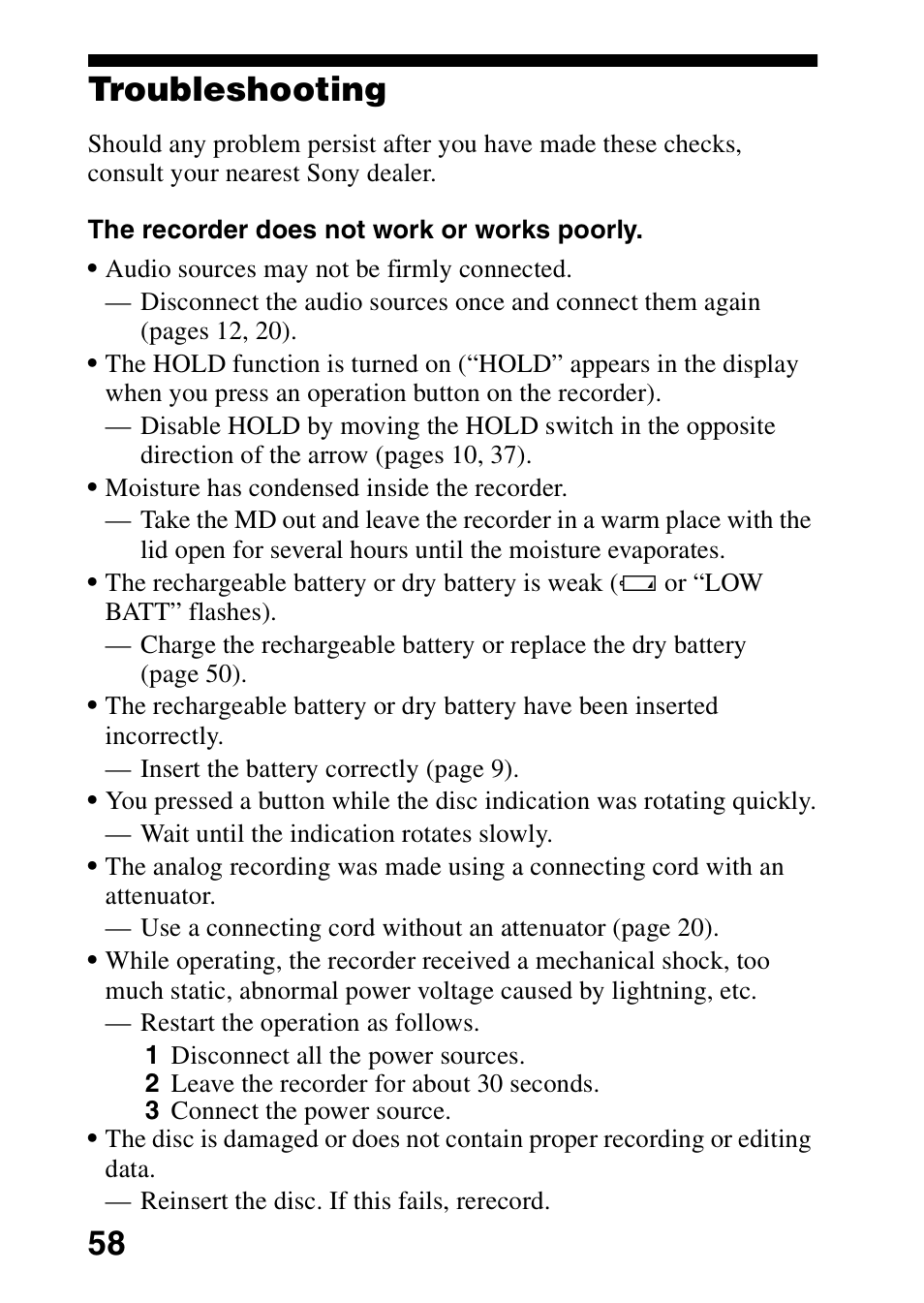 Troubleshooting, 58 troubleshooting | Sony MZ-R701 User Manual | Page 58 / 68