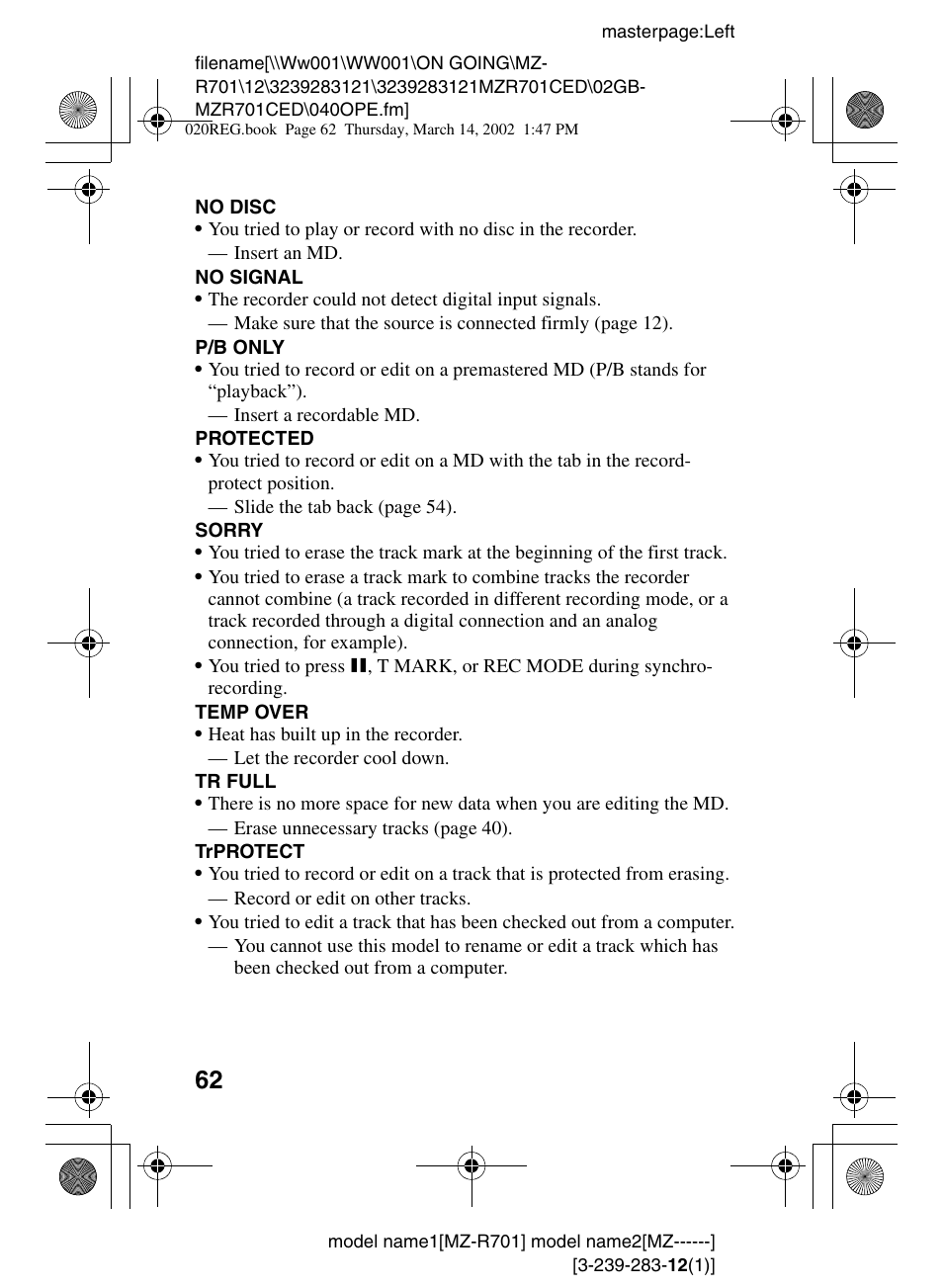 Sony MZ-R701 User Manual | Page 62 / 68