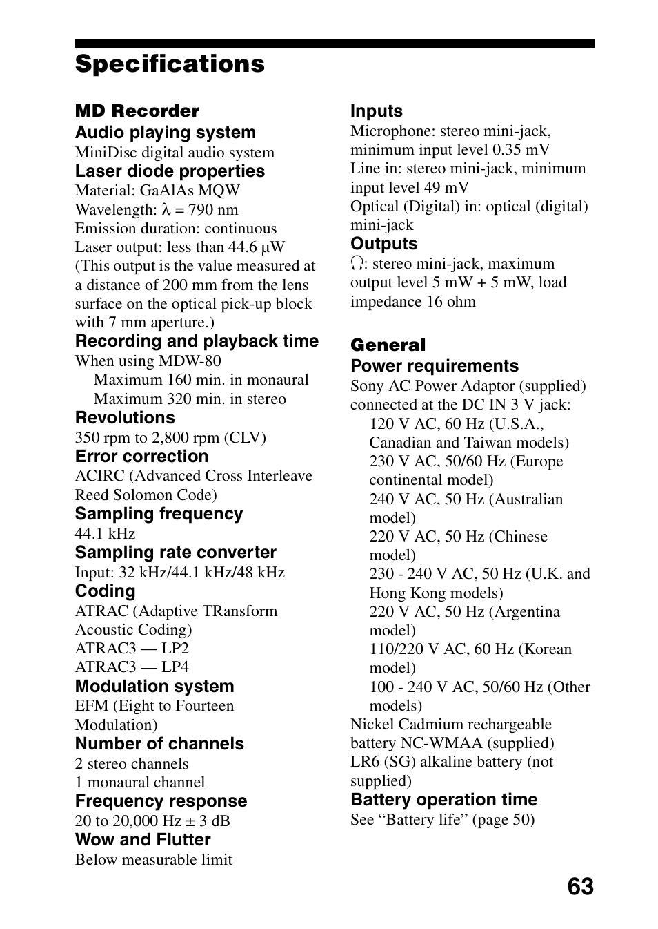 Specifications, 63 specifications | Sony MZ-R701 User Manual | Page 63 / 68
