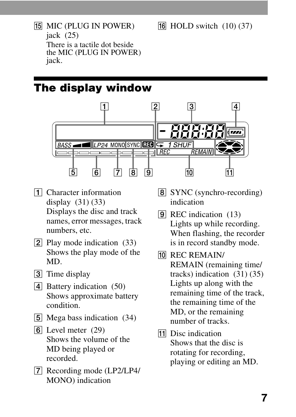 The display window | Sony MZ-R701 User Manual | Page 7 / 68
