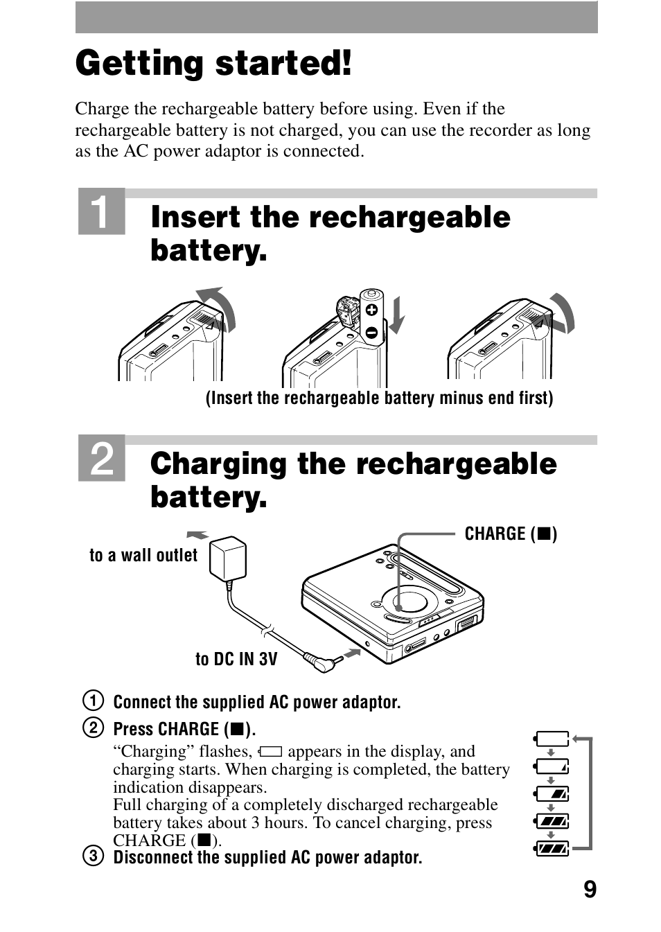 Getting started, Insert the rechargeable battery, Charging the rechargeable battery | Sony MZ-R701 User Manual | Page 9 / 68