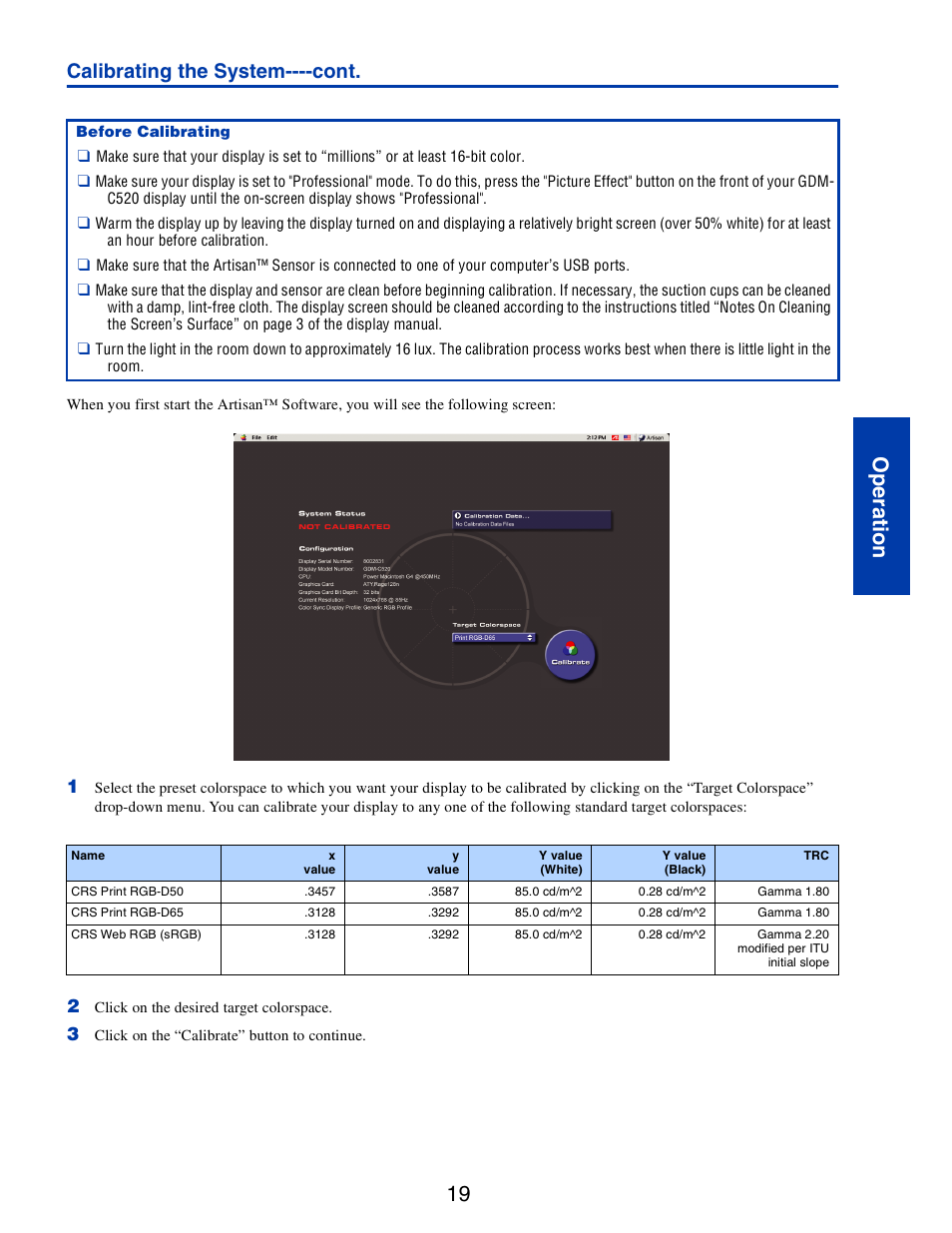 19 o p er at io n, Calibrating the system----cont | Sony GDM-C520 User Manual | Page 19 / 91