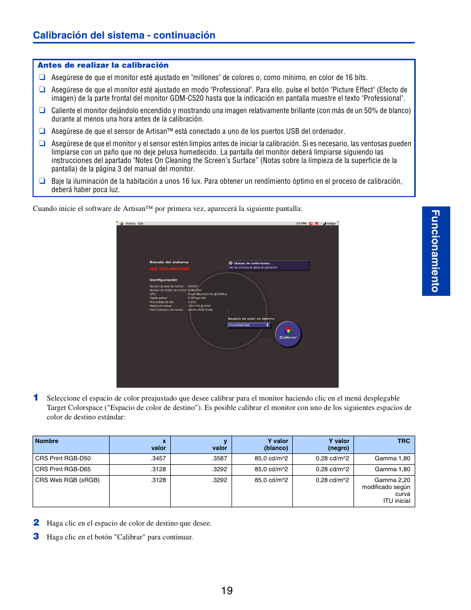 19 f u n cio n am ie n to, Calibración del sistema - continuación | Sony GDM-C520 User Manual | Page 79 / 91