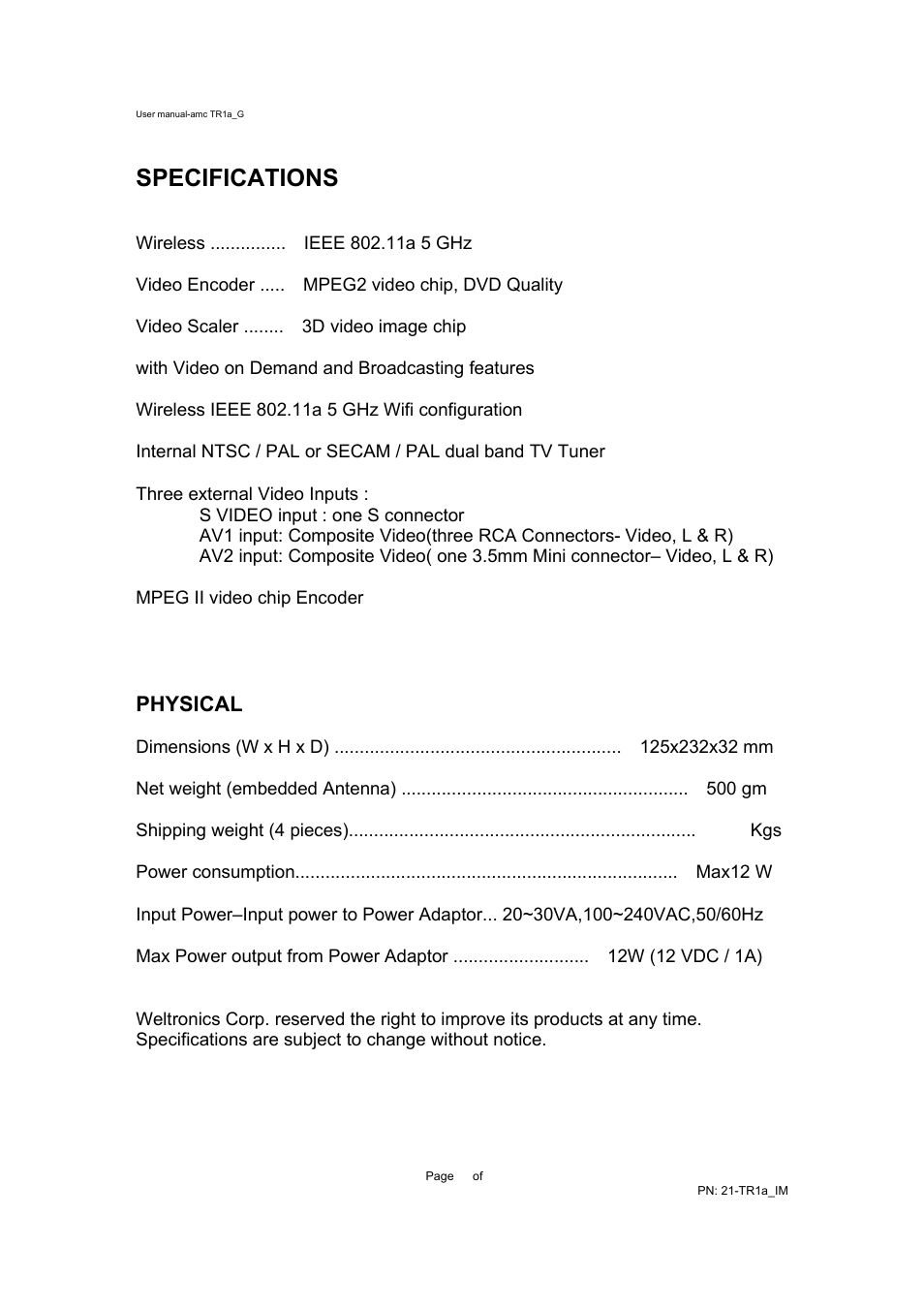 Specifications, Physical | AMC TR1A User Manual | Page 15 / 17