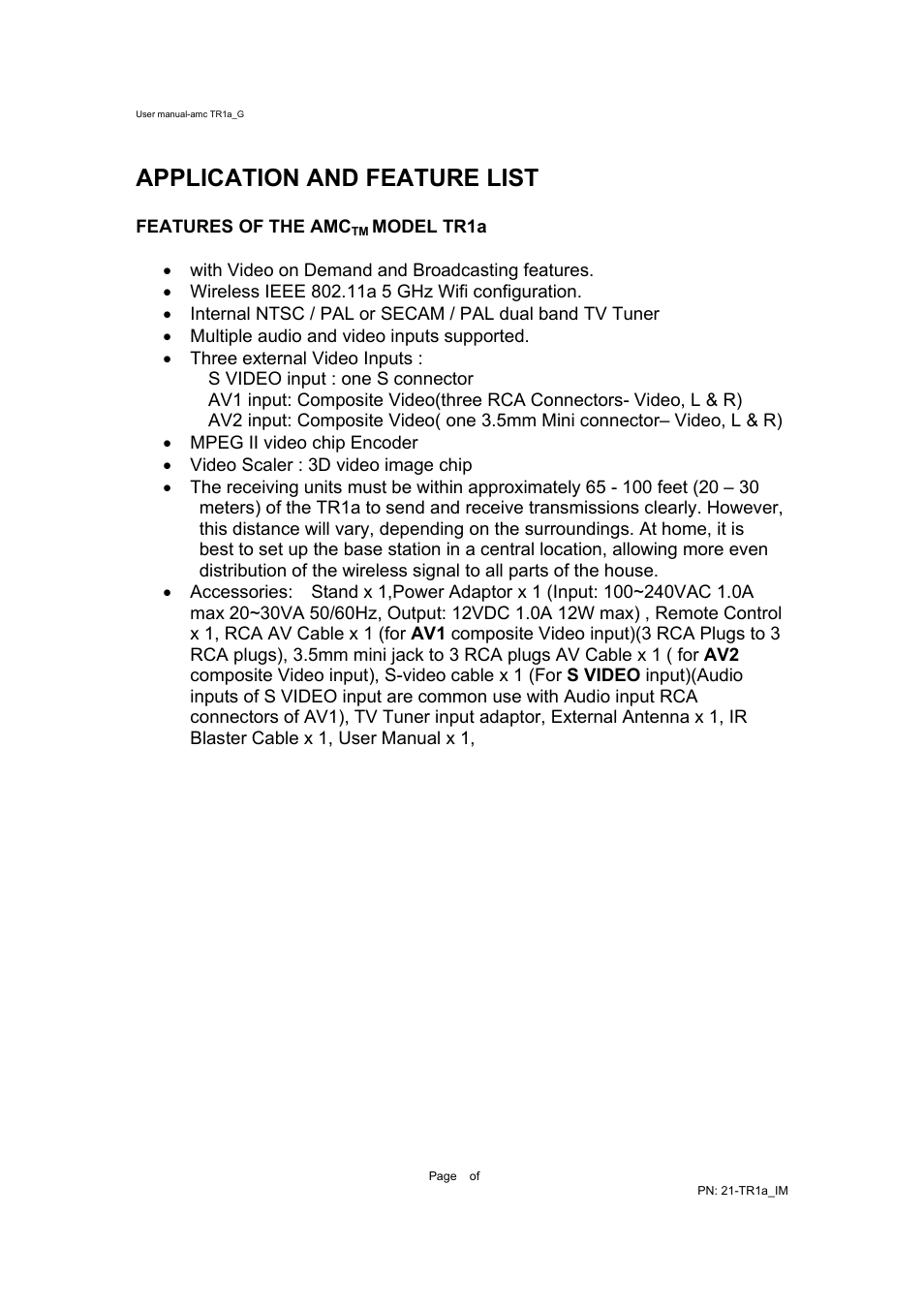 Application and feature list | AMC TR1A User Manual | Page 3 / 17