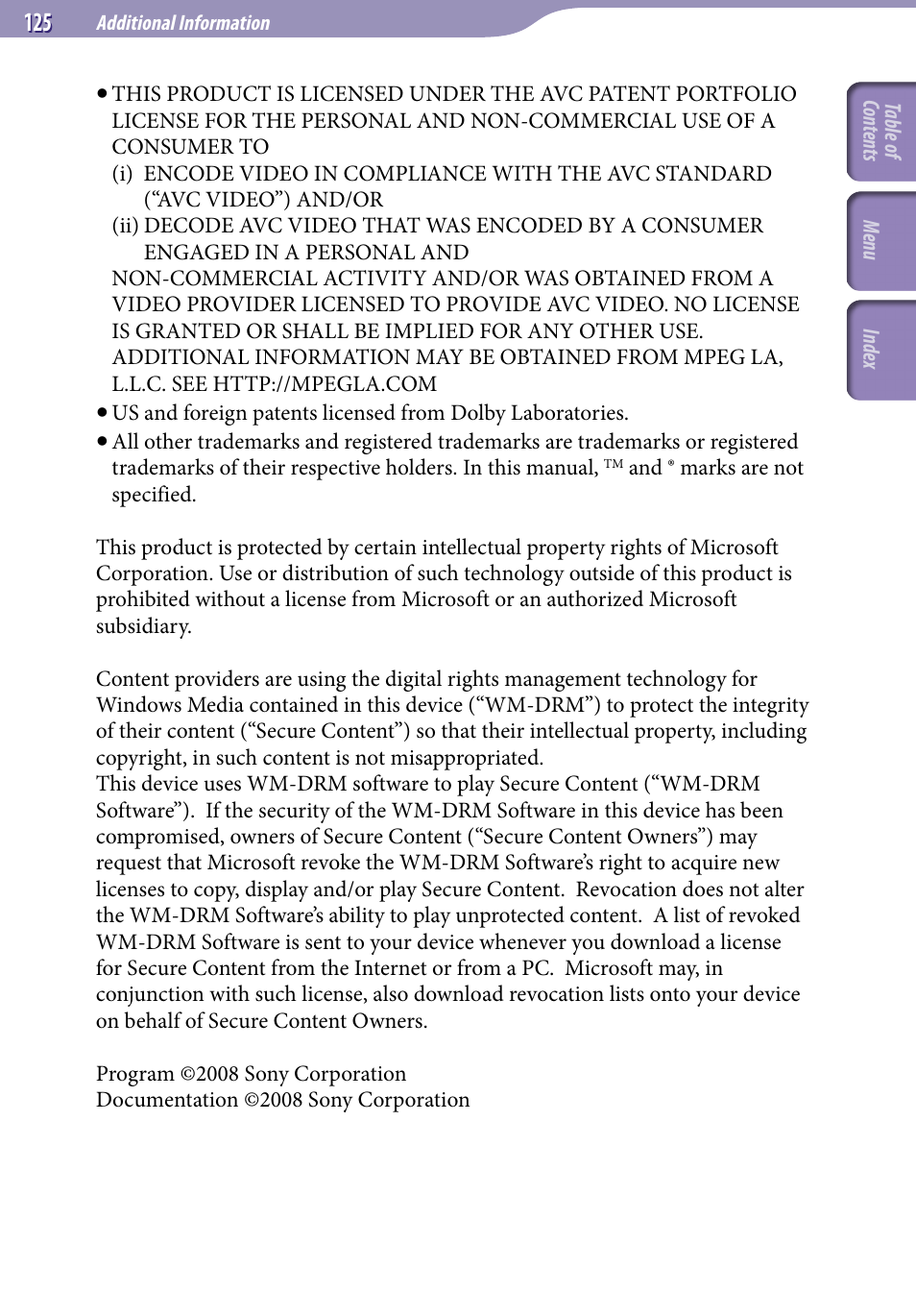 Sony NWZ-A728BLK User Manual | Page 125 / 133