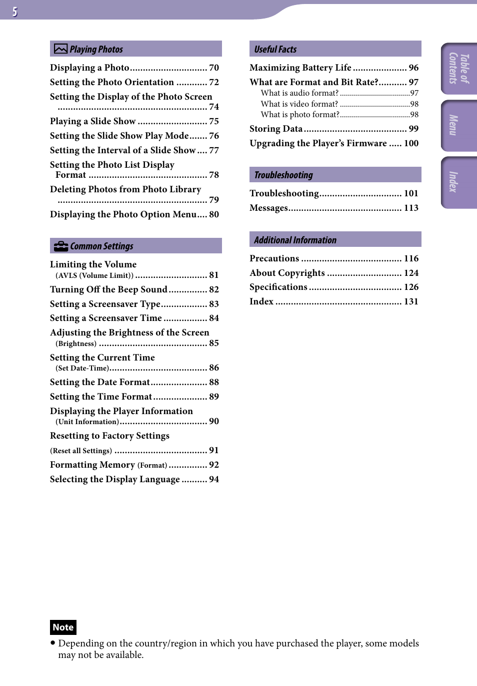 Table of cont ents men u inde x | Sony NWZ-A728BLK User Manual | Page 5 / 133