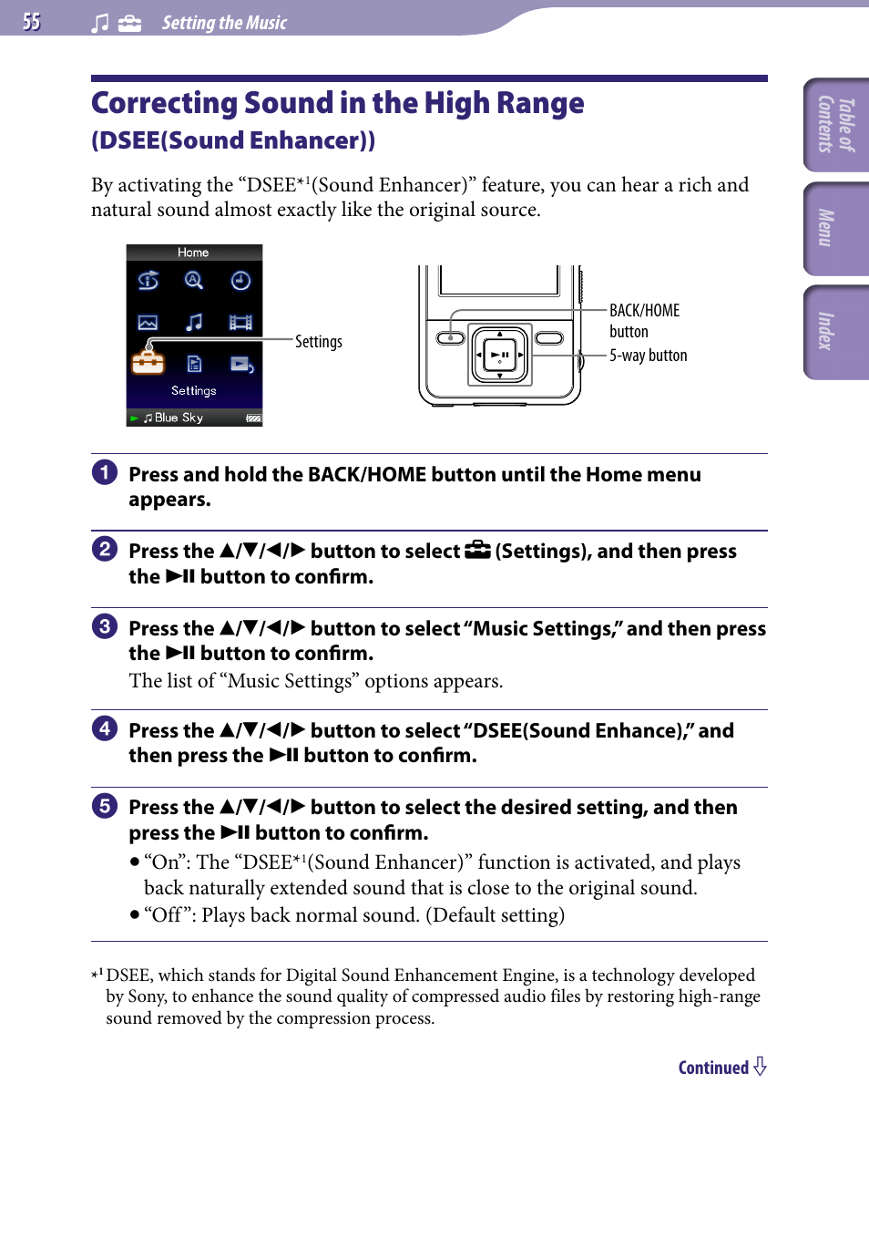 Correcting sound in the high range, Dsee(sound enhancer)), Dsee(sound enhance) | Sony NWZ-A728BLK User Manual | Page 55 / 133