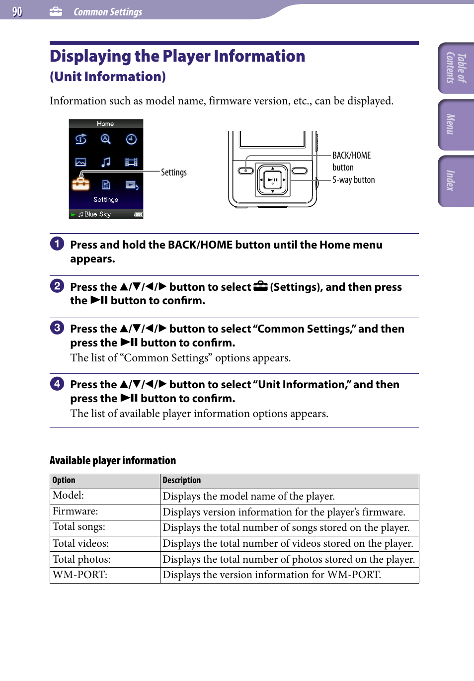 Displaying the player information, Unit information), Unit information | Sony NWZ-A728BLK User Manual | Page 90 / 133