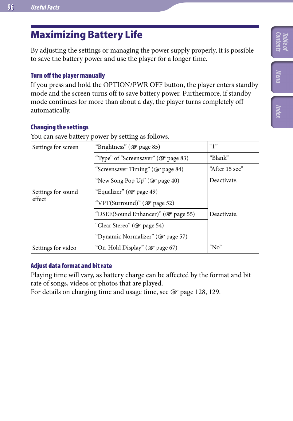 Useful facts, Maximizing battery life | Sony NWZ-A728BLK User Manual | Page 96 / 133