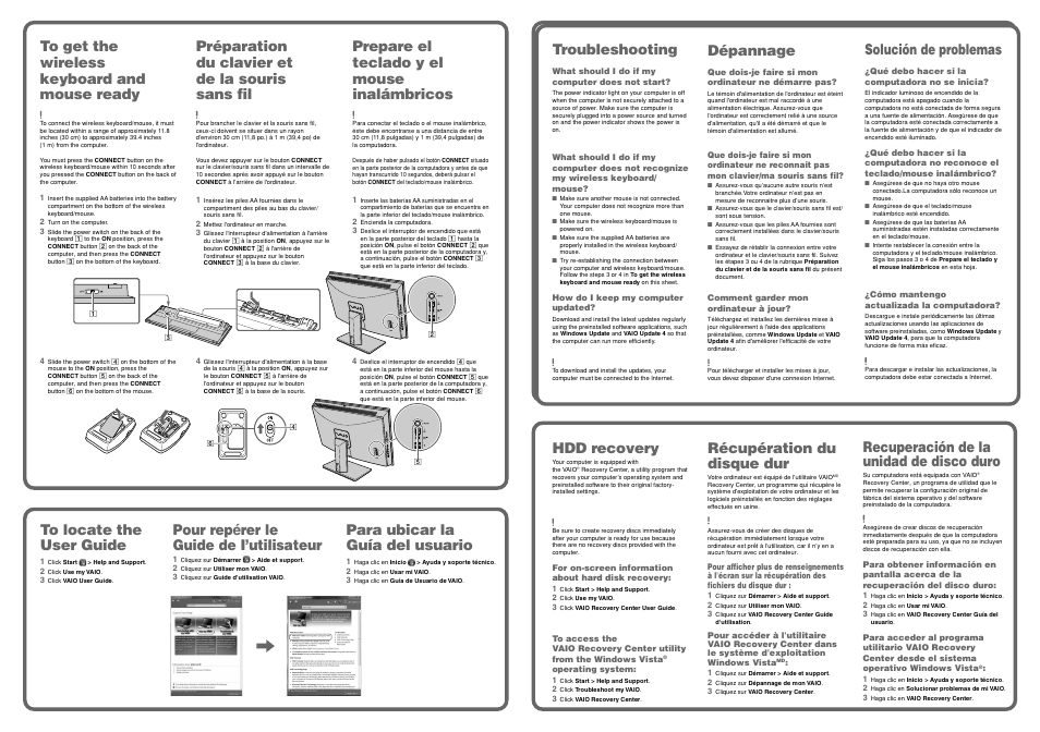 Dépannage, Troubleshooting, Hdd recovery | Récupération du disque dur, Solución de problemas, Recuperación de la unidad de disco duro, Préparation du clavier et de la souris sans fil, Pour repérer le guide de i’utilisateur, Prepare el teclado y el mouse inalámbricos, Para ubicar la guía del usuario | Sony VGC-LV140J User Manual | Page 2 / 2