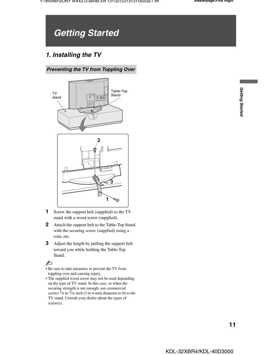 Getting started, Installing the tv, Preventing the tv from toppling over | Sony KDL-32XBR4 User Manual | Page 11 / 48