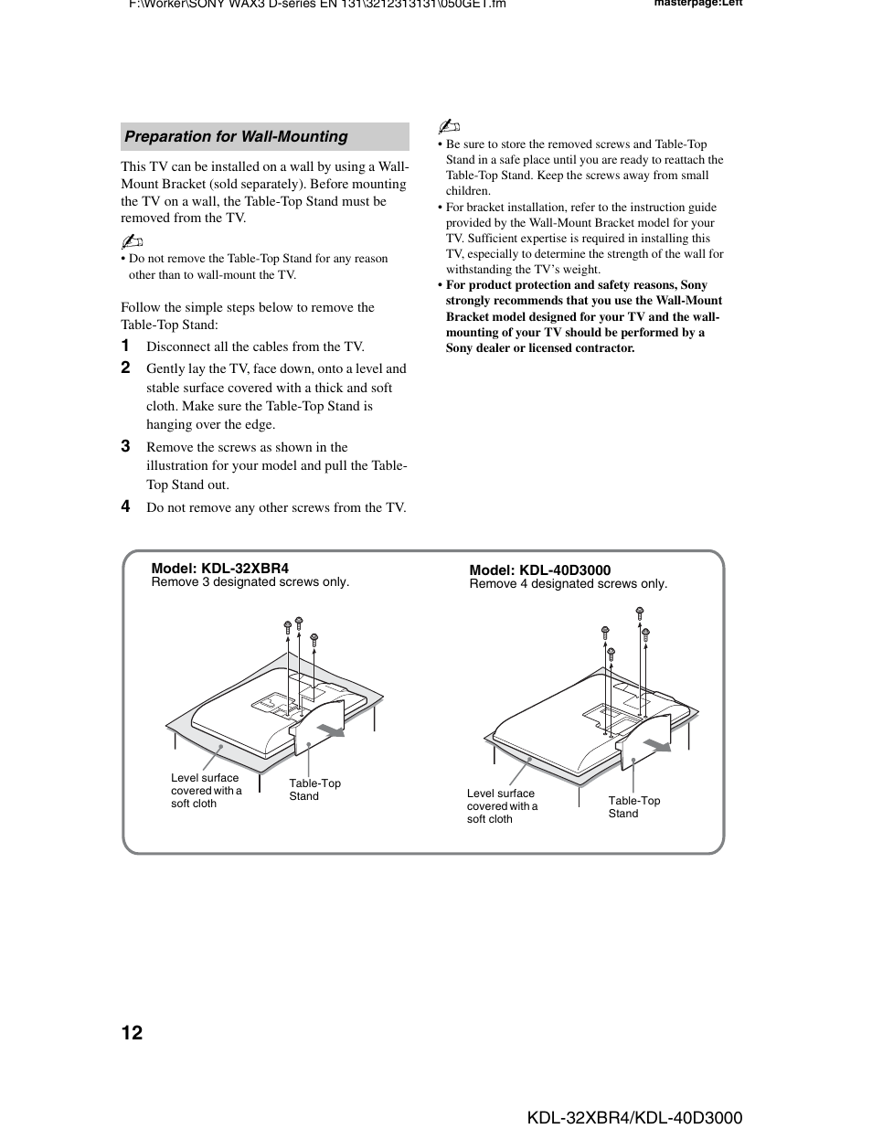 Preparation for wall-mounting | Sony KDL-32XBR4 User Manual | Page 12 / 48