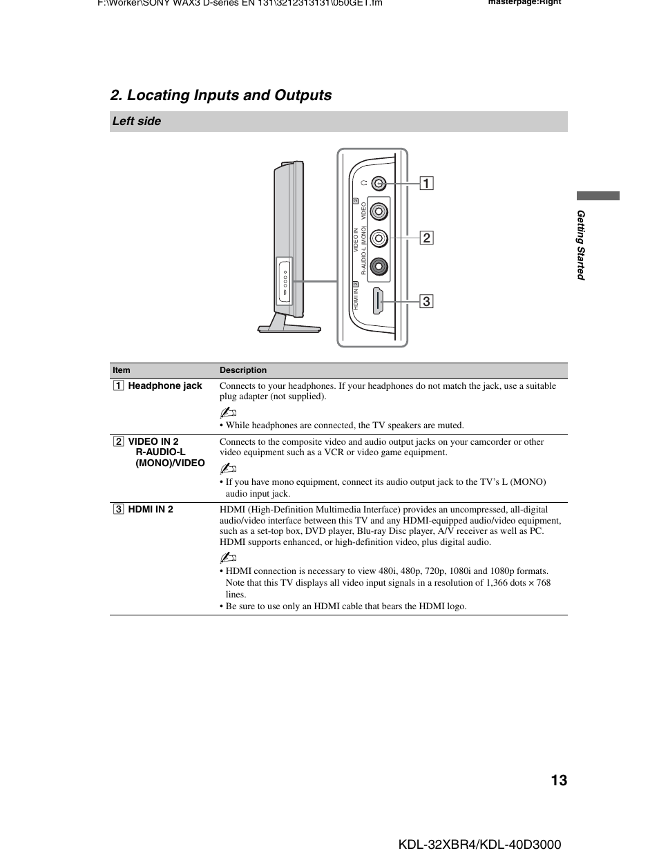 Locating inputs and outputs, Left side | Sony KDL-32XBR4 User Manual | Page 13 / 48