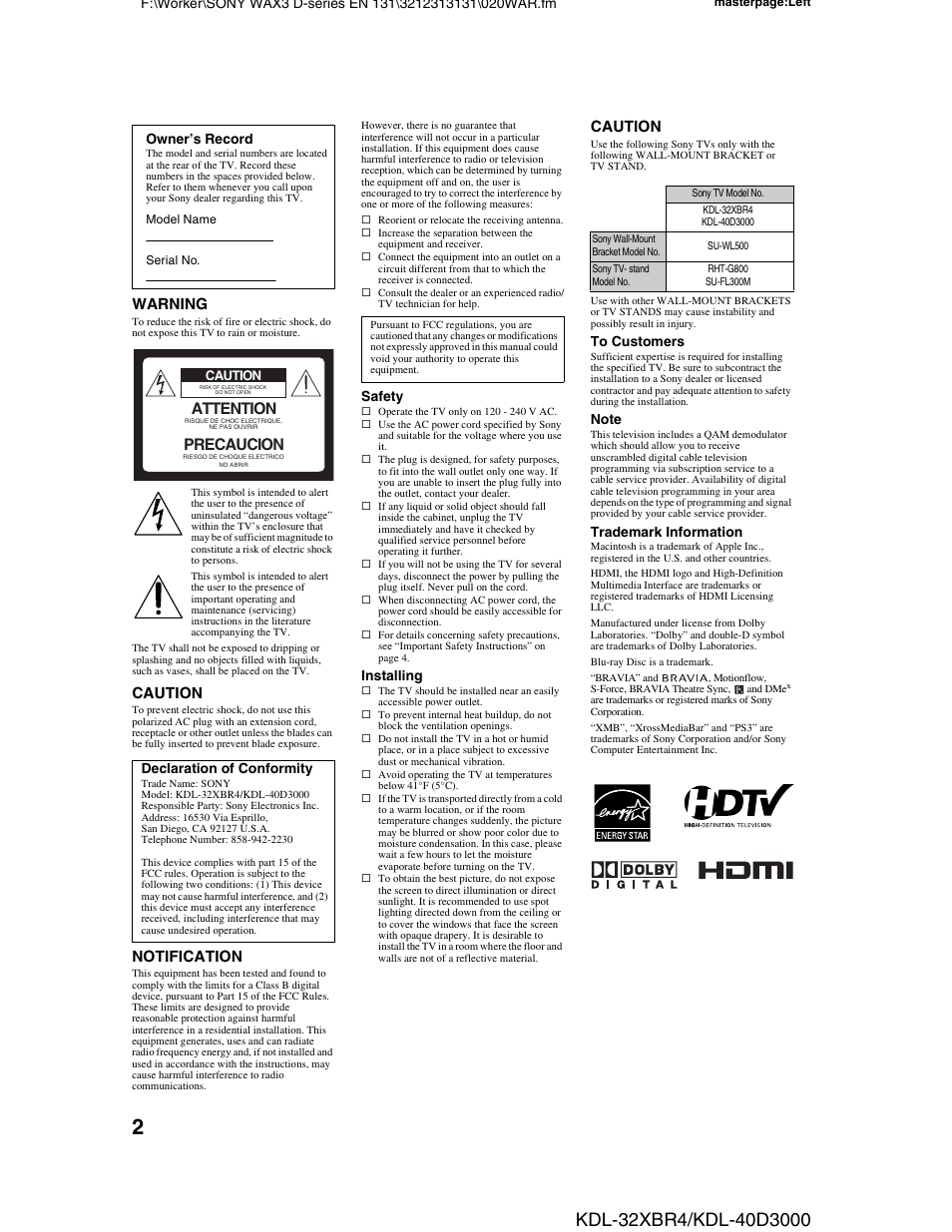 Attention, Precaucion, Warning | Caution, Notification | Sony KDL-32XBR4 User Manual | Page 2 / 48