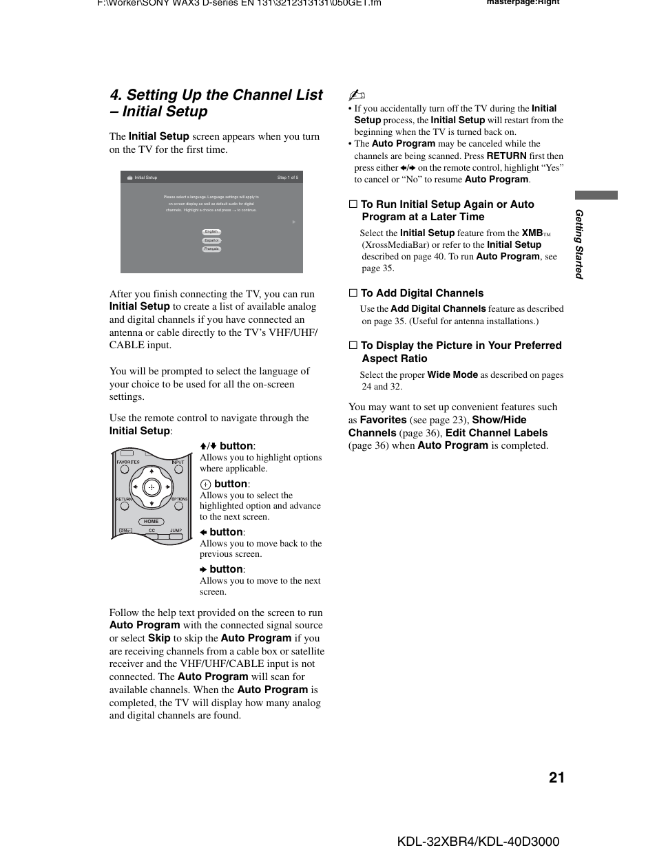 Setting up the channel list - initial setup, Setting up the channel list, Initial setup | Setting up the channel list – initial setup | Sony KDL-32XBR4 User Manual | Page 21 / 48