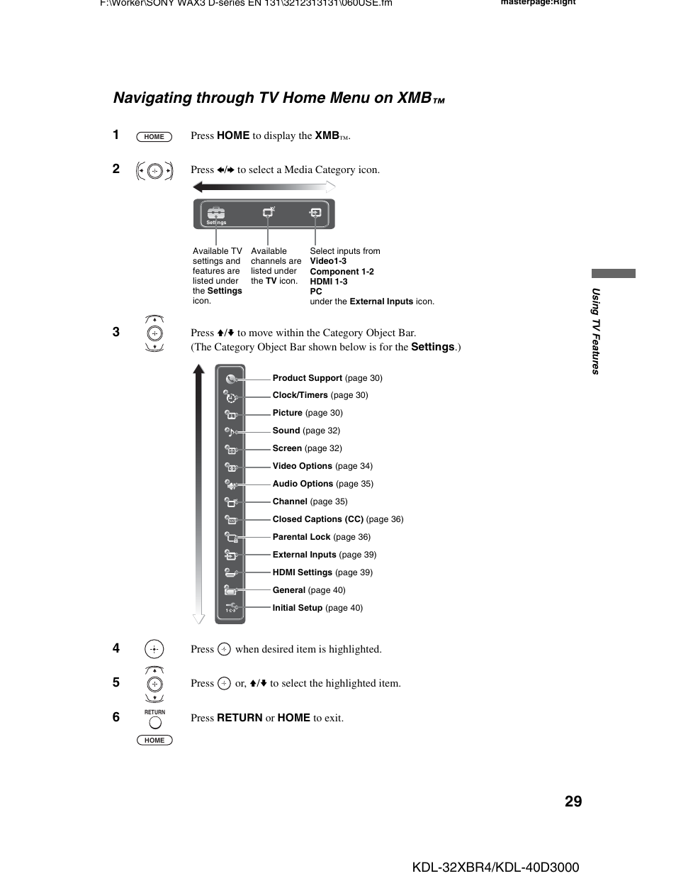 Navigating through tv home menu on xmb, Navigating through tv home menu on | Sony KDL-32XBR4 User Manual | Page 29 / 48