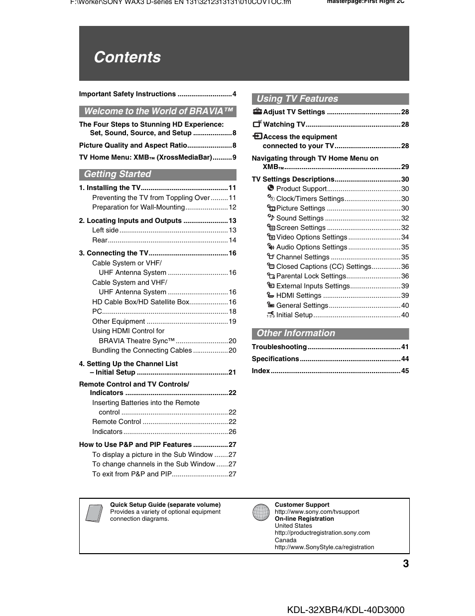 Sony KDL-32XBR4 User Manual | Page 3 / 48