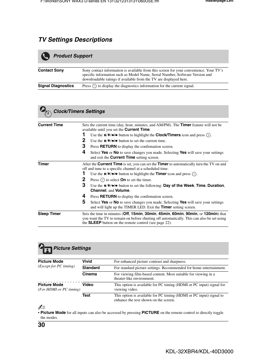 Tv settings descriptions, Product support, Clock/timers settings | Picture settings, Clock/timers settings picture settings | Sony KDL-32XBR4 User Manual | Page 30 / 48